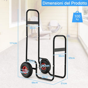 Porta Legna da Ardere, Carrello Portalegna da Ardere con Ruote in Gomma Antiusura e Antiurto, Carrello Porta Legna per Esterni e Interni, Portata 100 kg, 66 x 51 x 111 cm