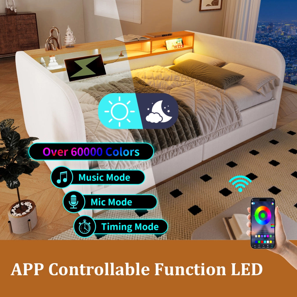 Letto combinato 140 × 190 cm con LED regolabile, USB, Type-C, 2 cassetti e testiera contenitore, senza materasso