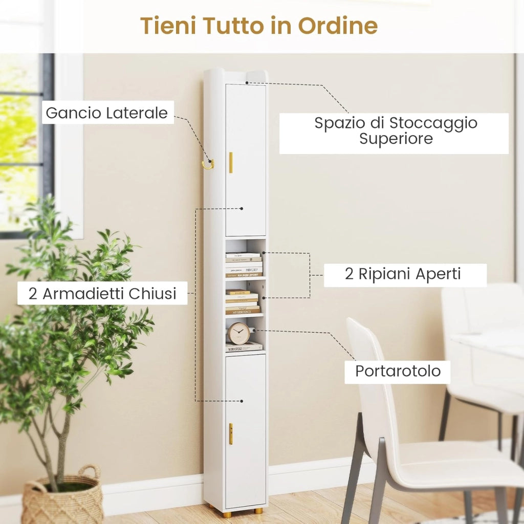 Mobiletto Bagno Salvaspazio 20 x 20 x 179 cm, Armadietto Stretto con 2 Ante, Ripiani Regolabili e Gancio Laterale, Armadio Salvaspazio per Cucina, Ufficio e Soggiorno (Bianco)