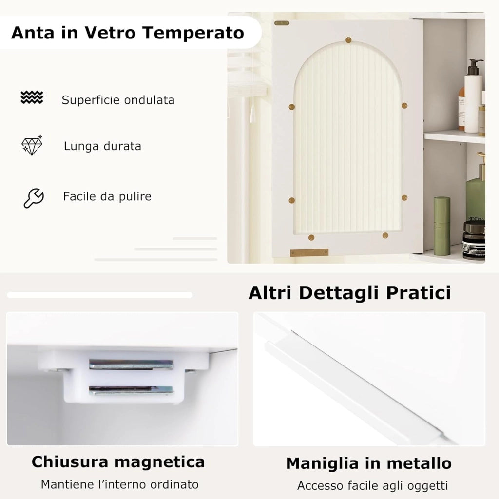 Armadietto da Parete 35 x 20 x 52,5 cm, Mobiletto Salvaspazio con Porta in Vetro Temperato e Ripiano Regolabile, Mobile Cucina per Lavanderia, Soggiorno e Bagno