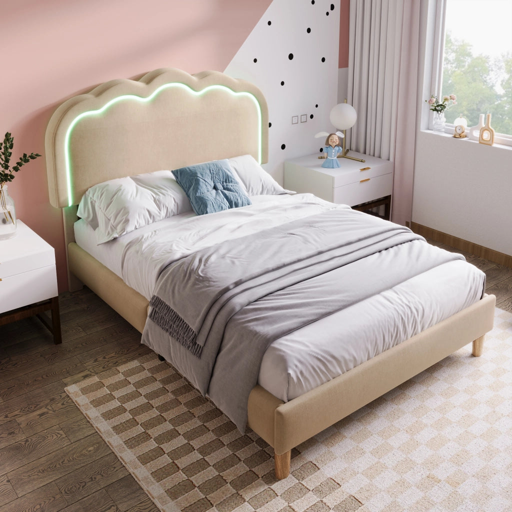 LETTO imbottito LED 90x190 cm beige con testiera regolabile