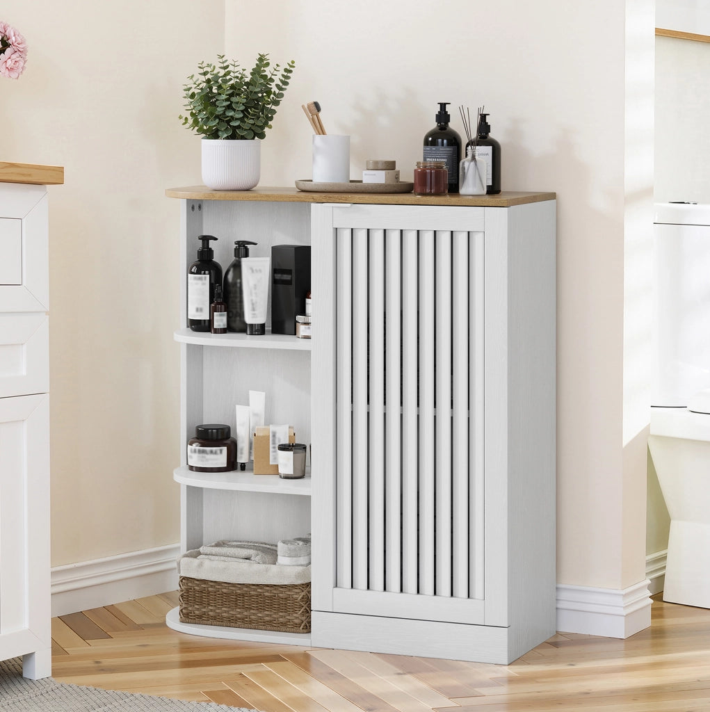 Mobile angolare da bagno con 3 ripiani aperti e ripiani regolabili; MDF bianco e rovere; 68x25x76 cm