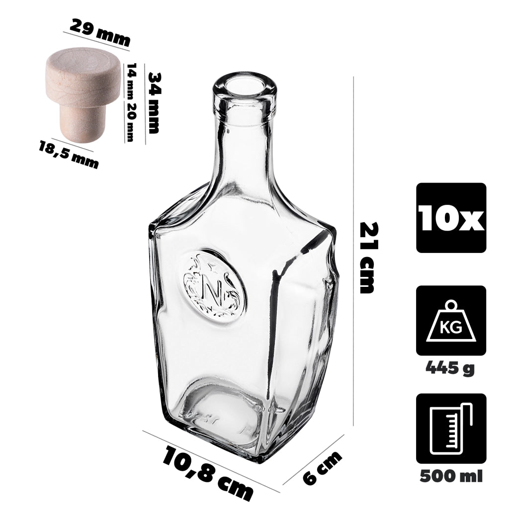 Bottiglie in vetro KADAX da 500 ml (0,5 l) per vino, liquori, moonshine, whisky, confezione da 10 pezzi con tappo di sughero.