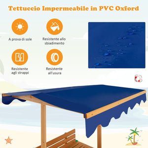 Sabbiera per Bambini in Legno con Tendina, Senza Fondo con 2 Panche Convertibili e Angoli Protettivi, Adatto per Cortile Prato Giardino Spiaggia, 121x121x121 cm