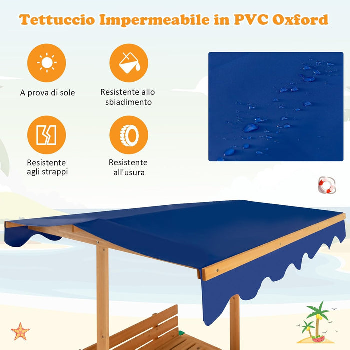 Sabbiera per Bambini in Legno con Tendina, Senza Fondo con 2 Panche Convertibili e Angoli Protettivi, Adatto per Cortile Prato Giardino Spiaggia, 121x121x121 cm