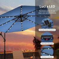 Ombrellone da Giardino ∅300 cm con 32 Luci LED, Ombrellone Prendisole con Rotazione di 360°, Inclinazione Regolabile, 8 Stecche, Manovella, per Giardino Piscina Cortile (Blu)