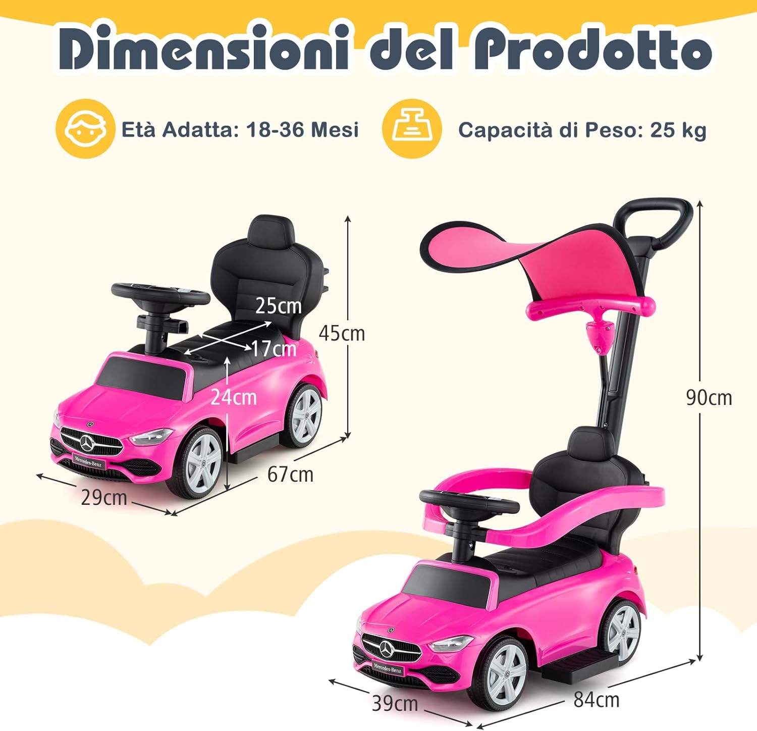 3 in 1 Auto a Spinta, Mercedes-Benz Macchina Cavalcabile, con Schienale Regolabile Suono Barra di Spinta e Tettuccio, per Bambini 18-36 Mesi (Rosa)