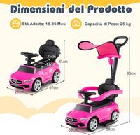 3 in 1 Auto a Spinta, Mercedes-Benz Macchina Cavalcabile, con Schienale Regolabile Suono Barra di Spinta e Tettuccio, per Bambini 18-36 Mesi (Rosa)