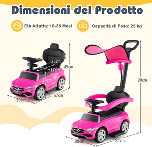 3 in 1 Auto a Spinta, Mercedes-Benz Macchina Cavalcabile, con Schienale Regolabile Suono Barra di Spinta e Tettuccio, per Bambini 18-36 Mesi (Rosa)