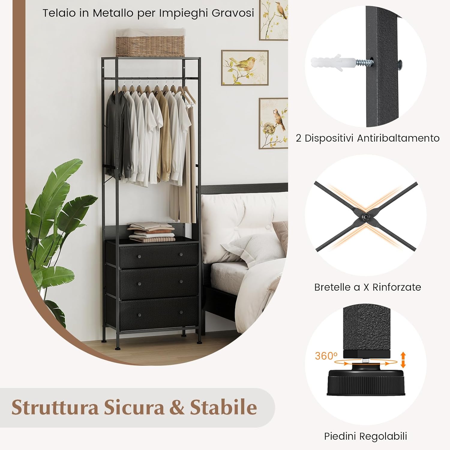 Appendiabiti con Cassetti in Tessuto, Armadio Autoportante con Asta Appendiabiti a 3 Posizioni e Ripiani di Stoccaggio, Ideale per Ingresso Camera da Letto, 55x28x176 cm (Nero)