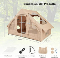 Tenda da Campeggio Gonfiabile, Tenda da Campeggio in Tessuto Oxford per 4-6 Persone con Pompa, Finestre a Rete, Porte e Borsa da Trasporto, 300 x 210 x 197 cm