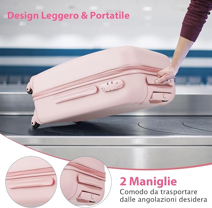 Valigia da Viaggio con Ruote Girevoli, Valigia Trolley con Manico Regolabile in Altezza, Guscio Rigido in PC, 38 x 22 x 57 cm (Rosa)