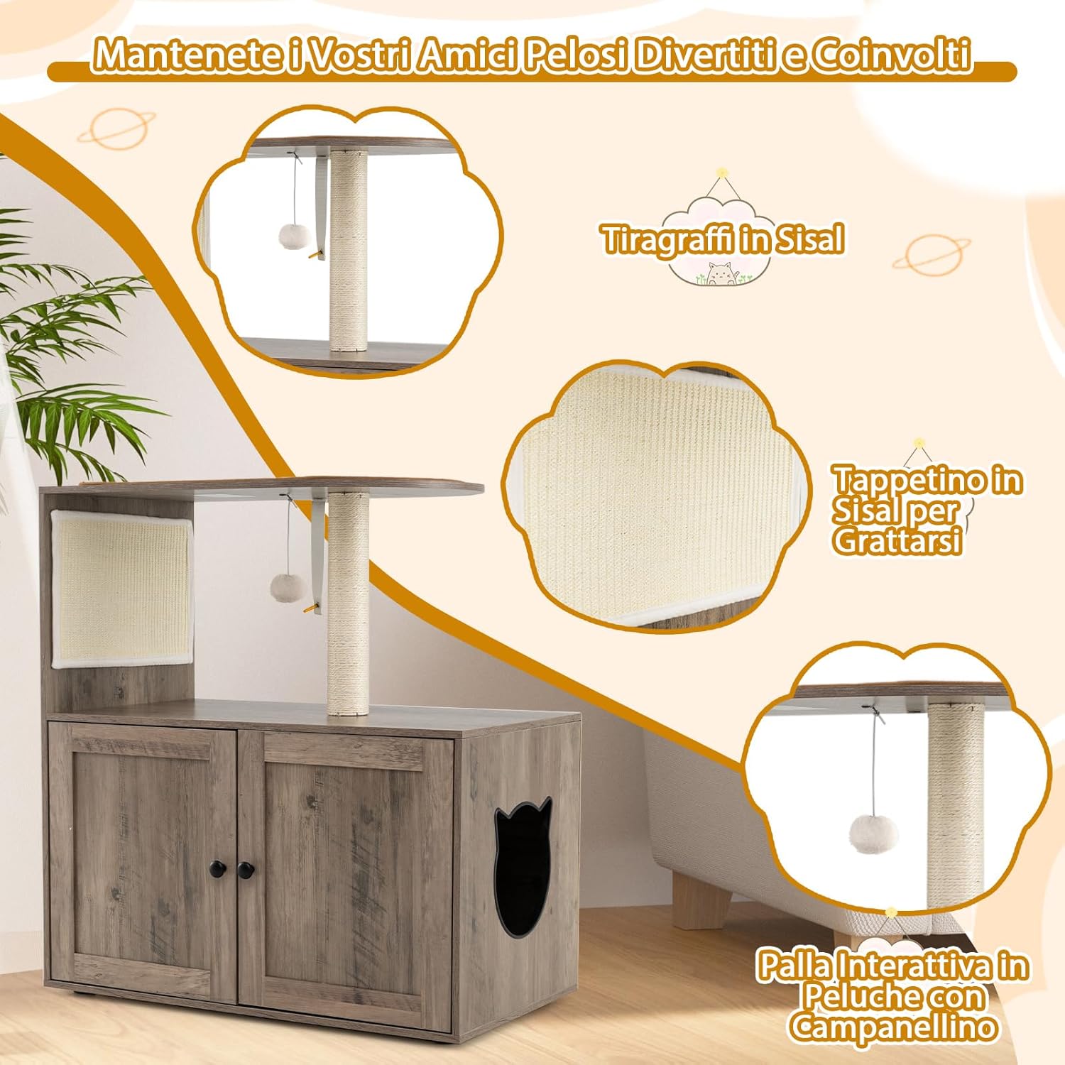 Lettiera Chiusa per Gatti 87,5 cm, Torre per Gatti in Legno con Pali per Graffiiare in Sisal, Cuscino, Palla Pendente e Piattaforma Superiore, Albero per Animali Domestici