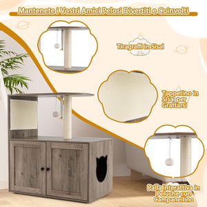 Lettiera Chiusa per Gatti 87,5 cm, Torre per Gatti in Legno con Pali per Graffiiare in Sisal, Cuscino, Palla Pendente e Piattaforma Superiore, Albero per Animali Domestici