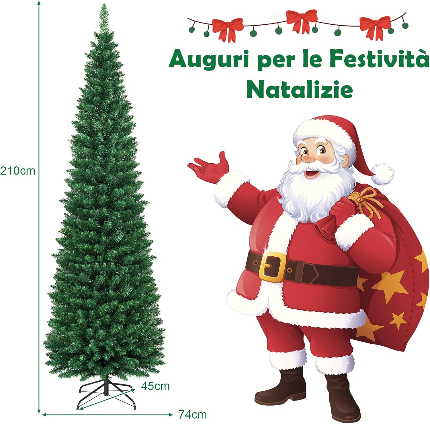 Albero di Natale 150/180/210/240 cm, Albero di Natale Slim con 220/400/700/1000 Rami Folti e Realistici e Base in Metallo, Albero di Natale Artificiale per Casa e Negozio, Verde (210 cm)