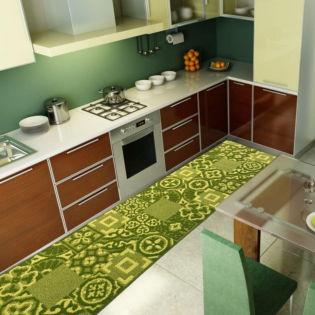 Tappeto Cucina 3D Passatoia Antiscivolo Piastrella Maiolica Verde 57x130 cm