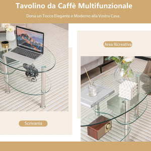 Tavolino da Salotto in Vetro Temperato Moderno, Tavolo Basso e Ovale con Piano Spazioso e 3 Livelli, Ideale per Soggiorno e Ufficio, 89 x 49 x 45 cm (Trasparente)