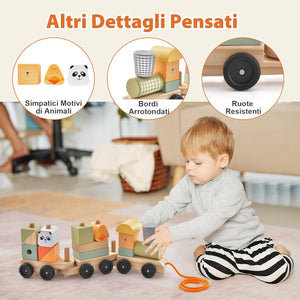 Trenino in Legno, Trenino Giocattolo a 3 Sezioni con Blocchi Impilabili, Corda di Traino, Design a Gancio, Trenino Giocattolo Educativo per Bambini 3 Anni+