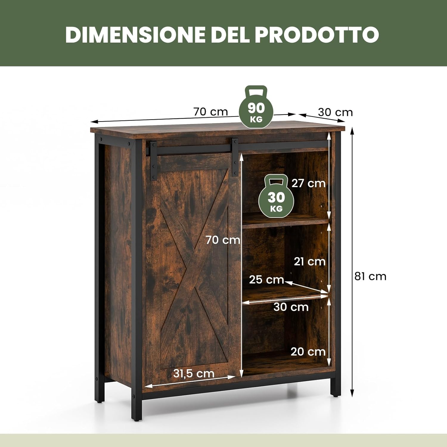 Credenza Cucina, Mobile da Ingresso con Ante Scorrevole, Armadietto con Ripiani Regolabili, Mobiletto Multiuso,3 Ripiani e 1 Scomparto con Porta per Cucina, Sala da Pranzo, 70 cm x 30 cm