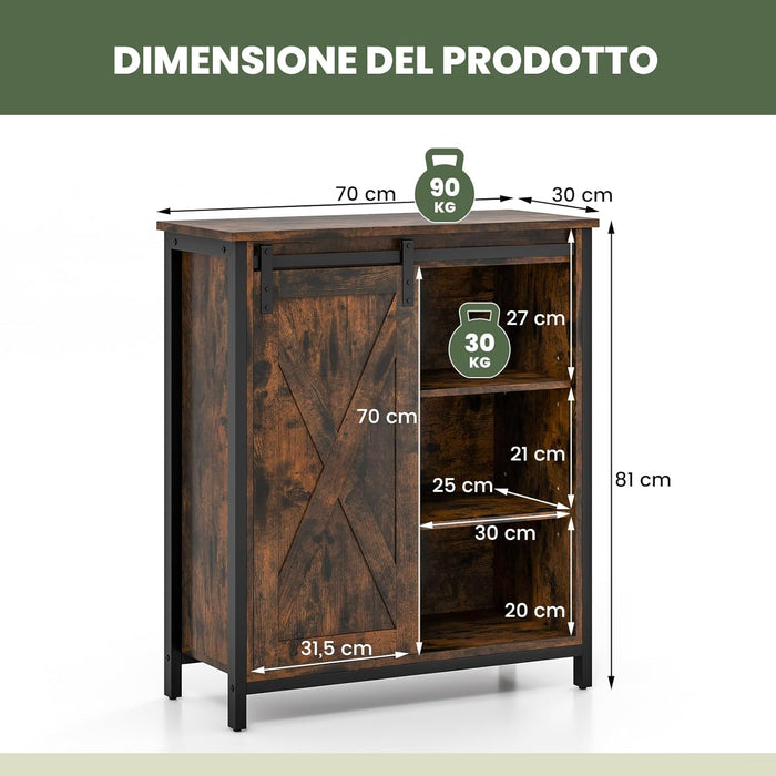 Credenza Cucina, Mobile da Ingresso con Ante Scorrevole, Armadietto con Ripiani Regolabili, Mobiletto Multiuso,3 Ripiani e 1 Scomparto con Porta per Cucina, Sala da Pranzo, 70 cm x 30 cm