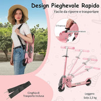 Monopattino per Bambini Pieghevole e Portatile, Monopattino a 2 Ruote con Manubrio Regolabile, Ruote Luminose a LED, Freno Posteriore e Tracolla, Ideale per Bambini e Bambine 3+