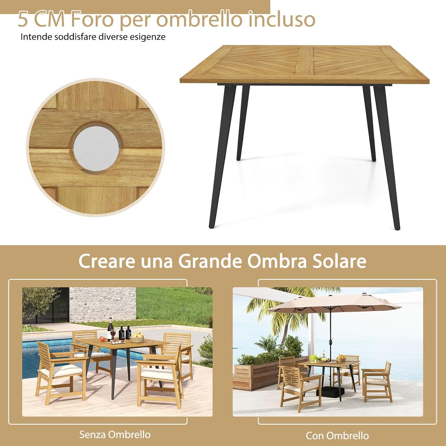 Tavolo da Giardino in Legno di Acacia, Tavolo Rettangolare con Struttura in Acciaio e Foro per Ombrellone, Tavolo da Pranzo Giardino Ideale per Giardino Cortile Balcone (107 x 107 cm)