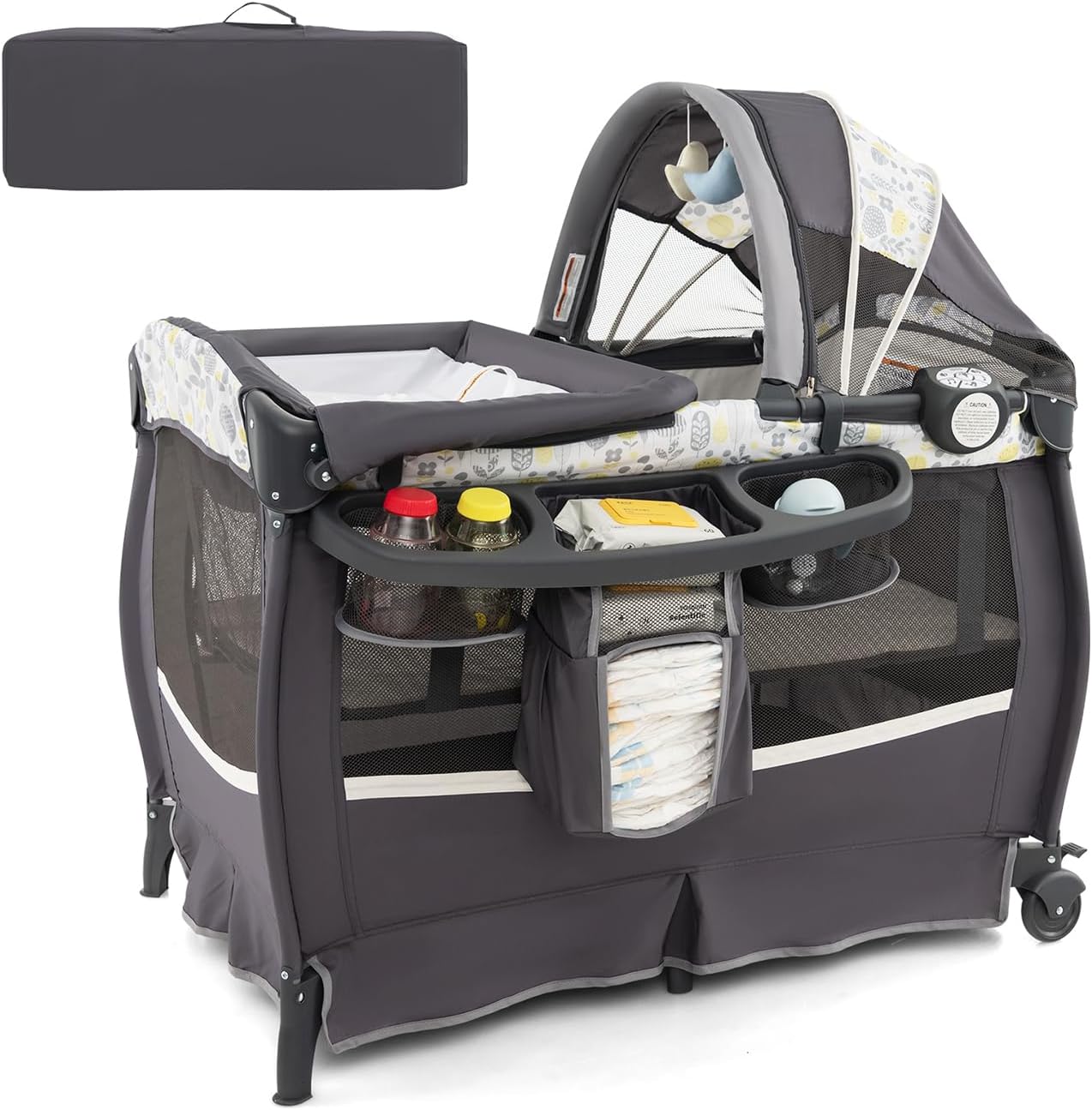 4 in 1 Lettino da Campeggio con Fasciatoio, Lettino Pieghevole per Bambini con Materasso, Centro Neonati con Culla, Box Musicale, Cappottina Regolabile, Borsa da Viaggio (Foglie)
