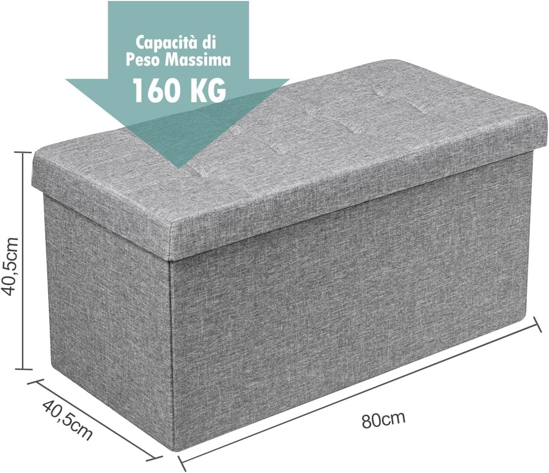 Ottomana Salvaspazio Pieghevole da 80 cm, Cassapanca per Giocattoli con Contenitore Rimovibile, Poggiapiedi con Sedile Imbottito per Soggiorno, Camera da Letto, Portata 160 kg (Grigio)