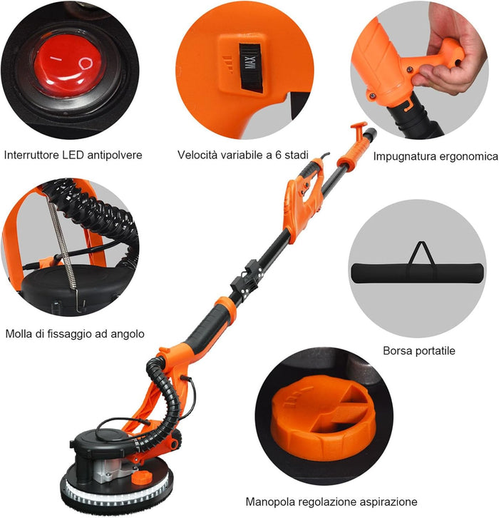 Levigatrice per Muro a Secco 750W, Levigatrice Elettrico per Cartongesso Pieghevole Estensibile, Velocità Regolabile 800-1750RPM, con Luci LED e 12 Dischi Abrasivi