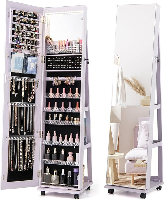 Armadio Portagioie con Ruote, Armadietto Portagioielli con Specchio a Luci LED a 3 Colori, Specchio Portagioie con Ripiani Regolabili, Organizzatore per Gioielli, 40 x 38 x 163 cm (Viola)