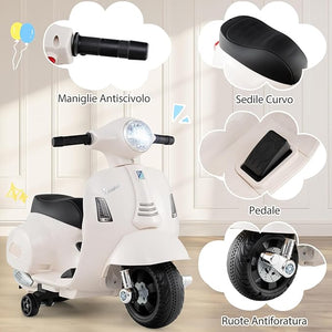 Moto Elettrica per Bambini, 6V Mini Moto per Bambini 18-36 Mesi, con Licenza Ufficiale Vespa, con Luci a LED e Suoni di Clacson, Portata 25 kg, 2 Ruote di Allenamento, 2,5 km/h (Bianco)