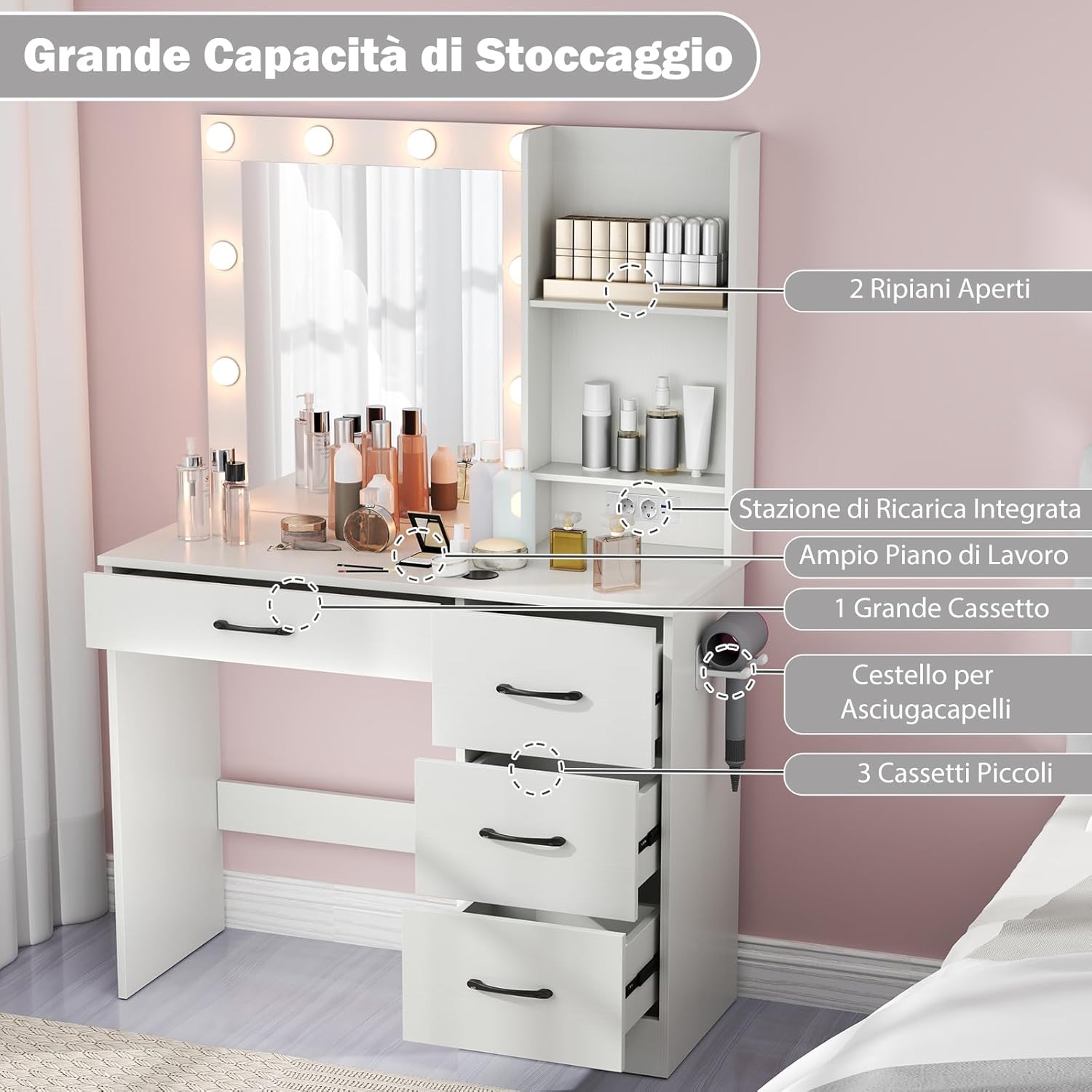 Toeletta da Trucco con Specchio, Tavolo da Trucco con Stazione di Ricarica, Luci LED a 3 Colori, Tavolo da Trucco con 4 Cassetti, 2 Ripiani, per Camera da Letto, Soggiorno