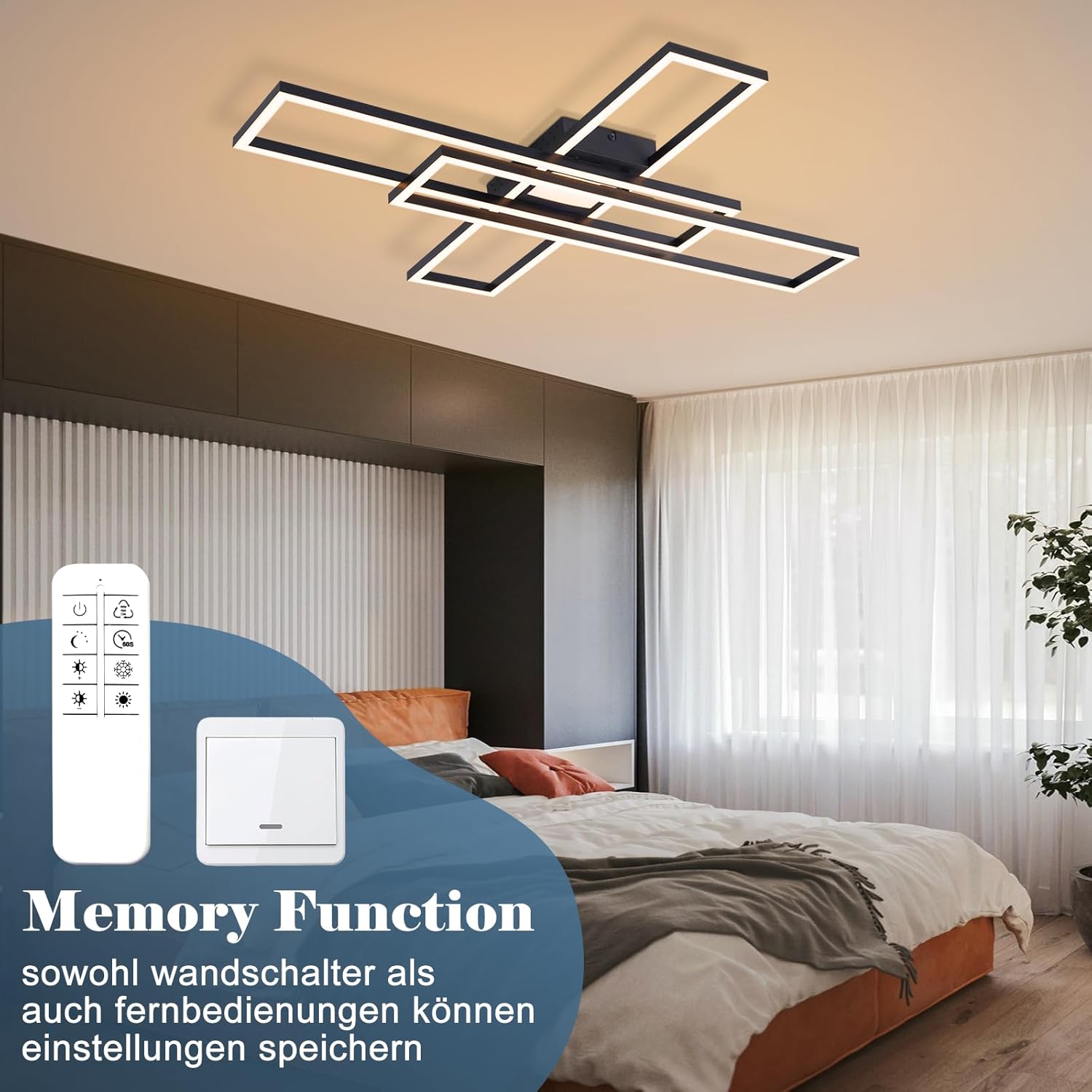 ZMH Lampada da soffitto plafoniera LED 56W nera dimmerabile telecomando design rettangolare per camera letto cucina