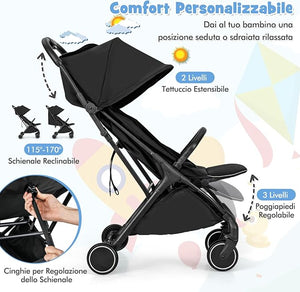 Passeggino Leggero per Bambini, Passeggino da Viaggio con Schienale Regolabile, Passeggino Portatile per Bambini con Schienale Reclinabile e Cappotta Regolabile, per Bambini 0-3 Anni
