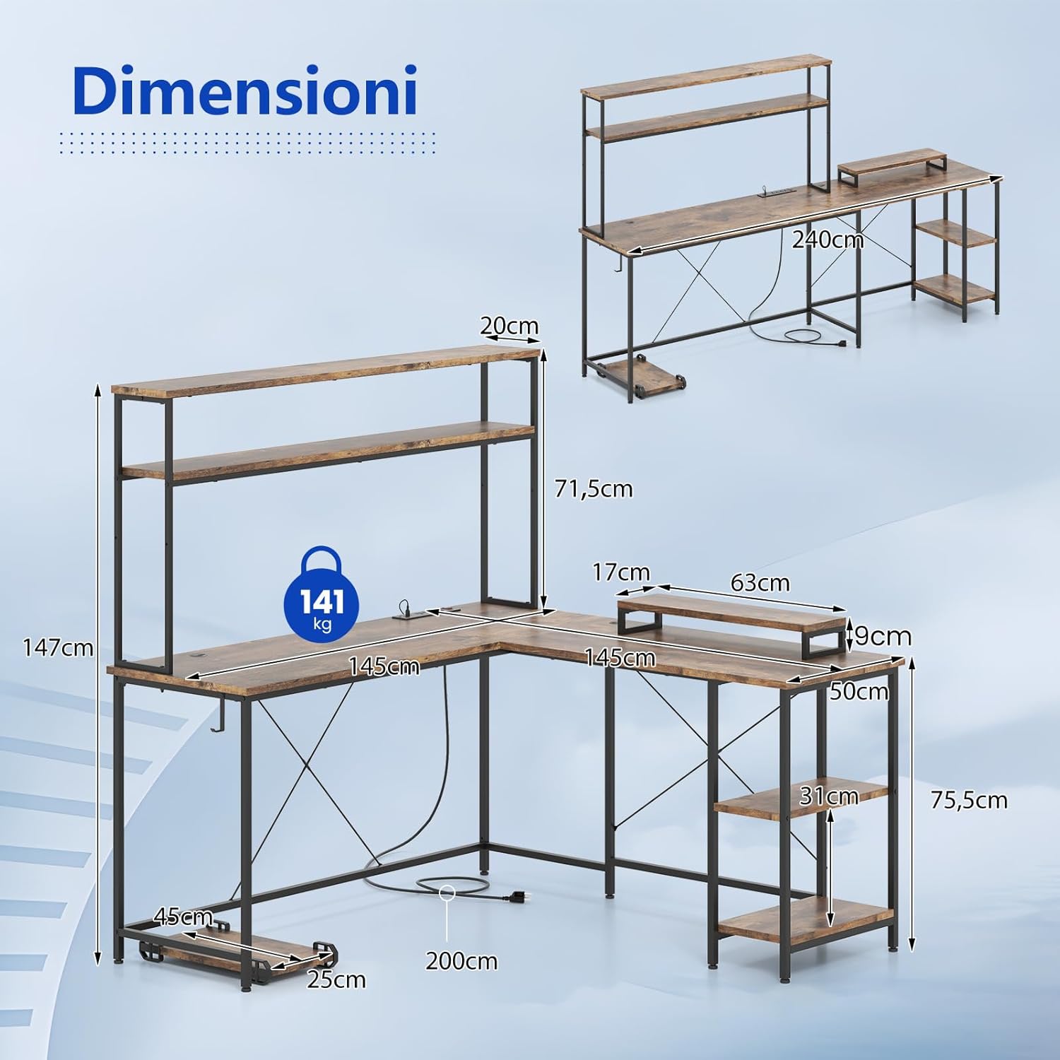 Scrivania per Computer a Forma di L, Tavolo da Gioco con Scaffale Regolabile, Gancio, Supporto per CPU, Striscia LED, Telecomando e Prese di Corrente, Desk per Studiare e Lavorare (Marrone)