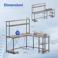 Scrivania per Computer a Forma di L, Tavolo da Gioco con Scaffale Regolabile, Gancio, Supporto per CPU, Striscia LED, Telecomando e Prese di Corrente, Desk per Studiare e Lavorare (Marrone)