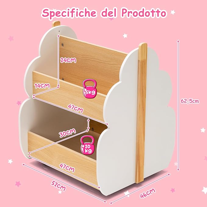 Libreria per Bambini in Legno, Scaffale di Stoccaggio a 2 Livelli per Bambini e Bambine, Organizzatore di Libri e di Giocattoli, Ideale per Caremetta e Nido, 52 x 46 x 62,5 cm (Bianco)