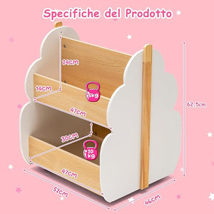 Libreria per Bambini in Legno, Scaffale di Stoccaggio a 2 Livelli per Bambini e Bambine, Organizzatore di Libri e di Giocattoli, Ideale per Caremetta e Nido, 52 x 46 x 62,5 cm (Bianco)
