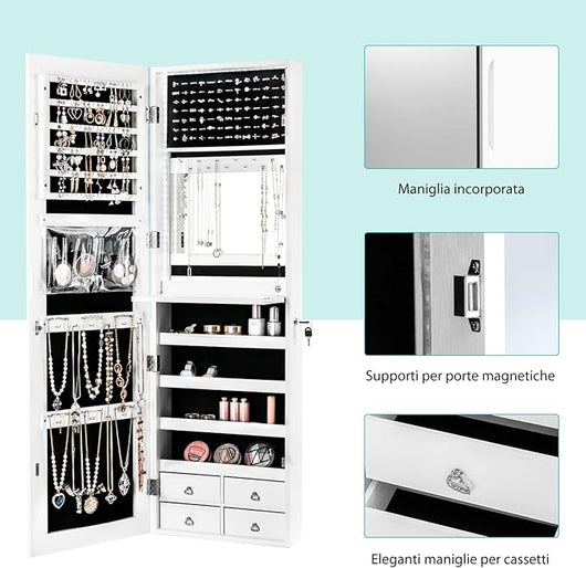 Armadietto per Gioielli con Specchio a Figura Intera LED, Armadio Multiuso con 4 Cassetti 4 Mensole, Organizer Portagioie per Camera da Letto e Cabina Armadio (Bianco)