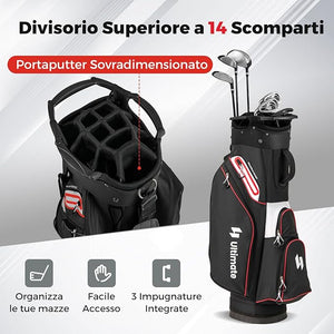 Borsa da Golf per Carrello con 14 Scomparti, Organizzatore Portatile per Mazze da Golf con Tasca Frigo, Tracolla Regolabile, Cappuccio Antipioggia e Porta Ombrello per Uomo e Donna