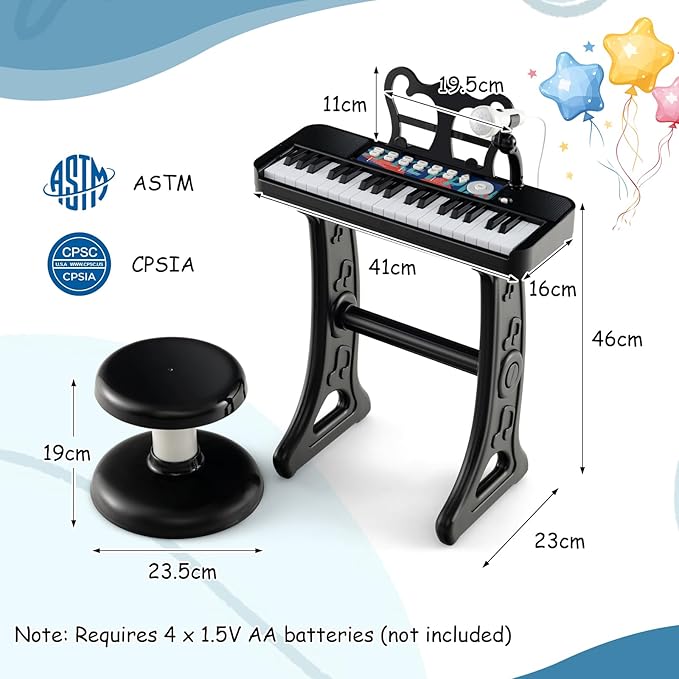 Pianoforte per Bambini a 37 Tasti, Strumento Musicale Elettronico con Microfono Regolabile e Leggio Rimovibile, Sgabello Abbinato, per Bambini di 3+ Anni (Nero)