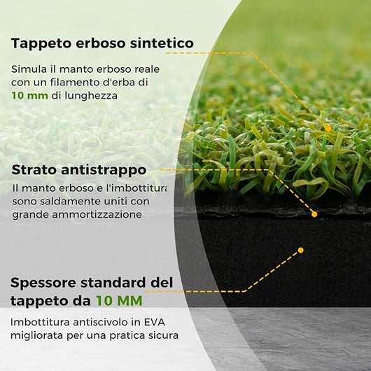 Tappeto da Allenamento Golf 3-in-1, Tappetino da Allenamento in Erba Sintetica con 2 Punte da Golf, 2 Aste di Allineamento e 3 Fori Preforati per le Punte