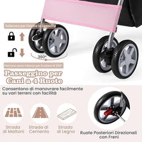 Passeggino per Cani Piccoli Pieghevole, Fino a 15 kg, Ruote 360° con Freni, Cuscino, Porta Doppio, Finestre, Cestino, Portabicchieri, Carrozzina Portatile (Rosa)