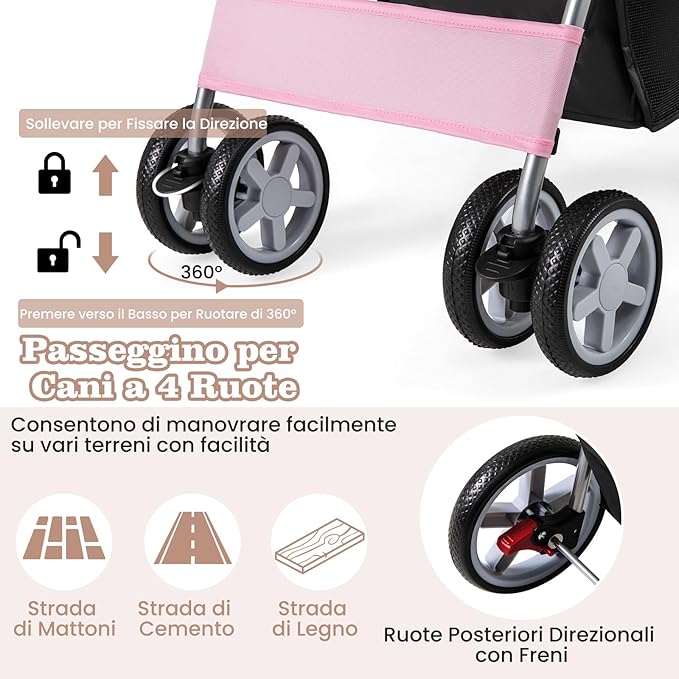 Passeggino per Cani Piccoli Pieghevole, Fino a 15 kg, Ruote 360° con Freni, Cuscino, Porta Doppio, Finestre, Cestino, Portabicchieri, Carrozzina Portatile (Rosa)