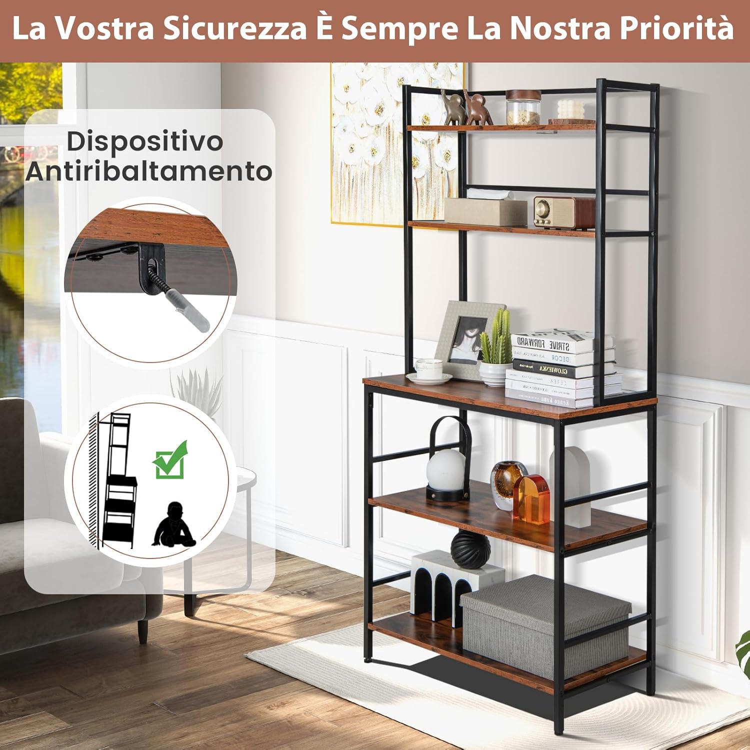 Scaffale da Cucina con 5 Ripiani, Mobile Porta Microonde con Ripiani Aperti e Dispositivo Antiribaltamento, Mobile da Cucina Alto per Soggiorno Cucina Balcone, 80x40x170 cm