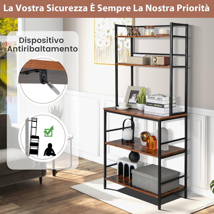 Scaffale da Cucina con 5 Ripiani, Mobile Porta Microonde con Ripiani Aperti e Dispositivo Antiribaltamento, Mobile da Cucina Alto per Soggiorno Cucina Balcone, 80x40x170 cm