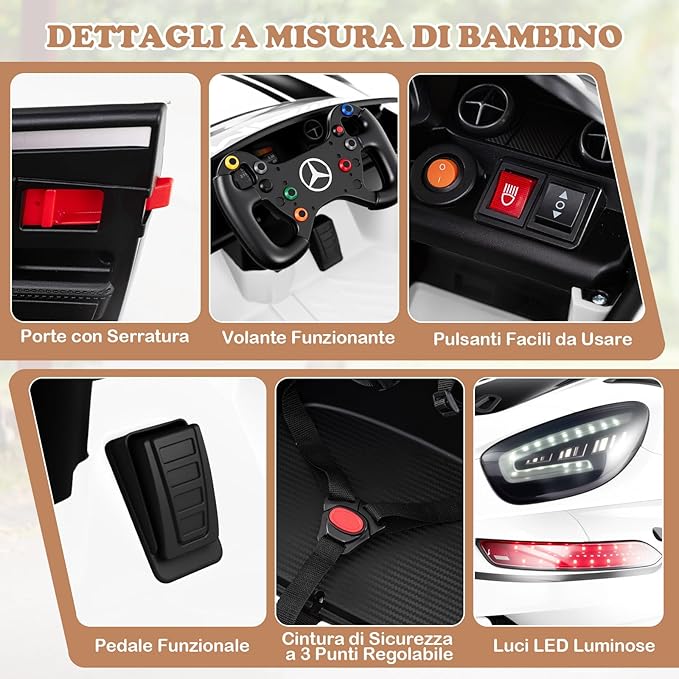 Macchina Elettrica per Bambini, Mercedes Auto Cavalcabile con Telecomando 3 Velocità Luci LED Musica e Connessione Senza Fili, Partenza Morbida, 4,5 Km/h, 3+ Anni (Bianco)