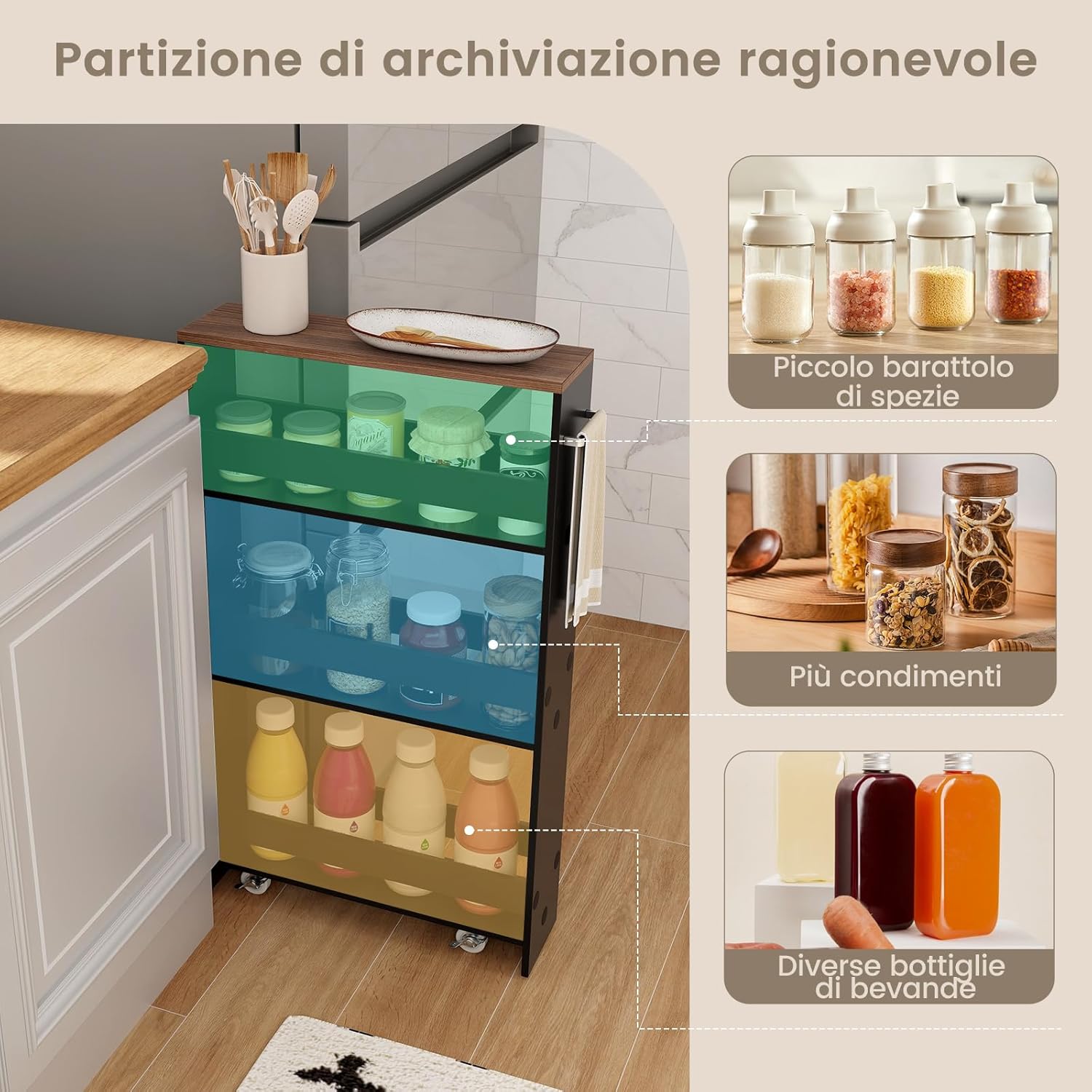 Carrello Portaoggetti da Cucina, Scaffale con Maniglia Laterale e Ruote, Carrello Salvaspazio con 3 Scaffali Stretti, 47,5x13x80,5 cm (Marrone+Nero)