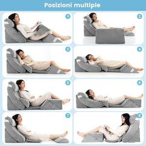 Set di 7 Cuscini per Letto/Divano, Cuscini per Corpo in Memory Foam Regolabili con Copertura Lavabile, Supporto per Testa, Collo, Schiena, Grigio