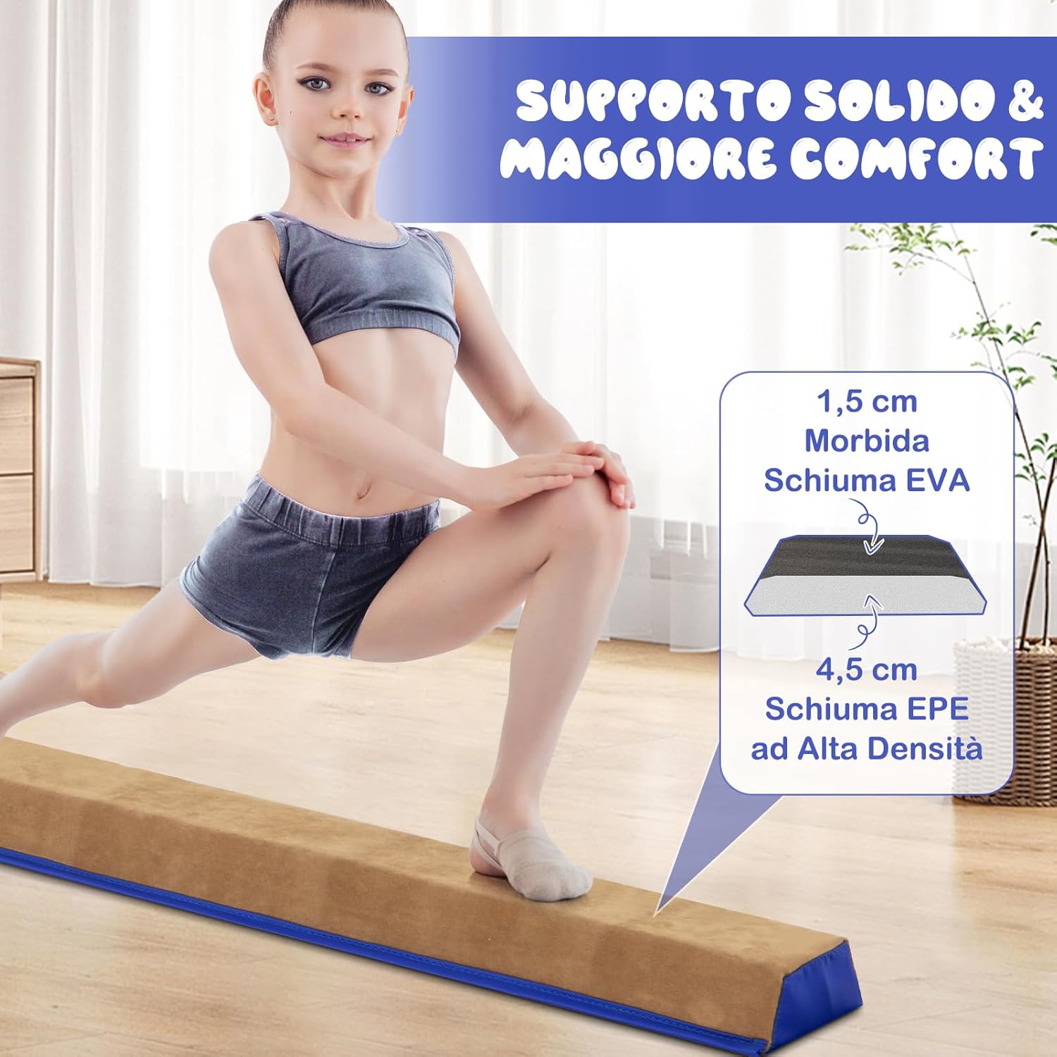 Trave da Ginnastica per Bambini Pieghevole 240 cm, Trave di Equilibrio Portatile conSuperficie in Pelle Scamosciata e Schiuma Morbida, Attrezzatura per Ginnastica a Casa